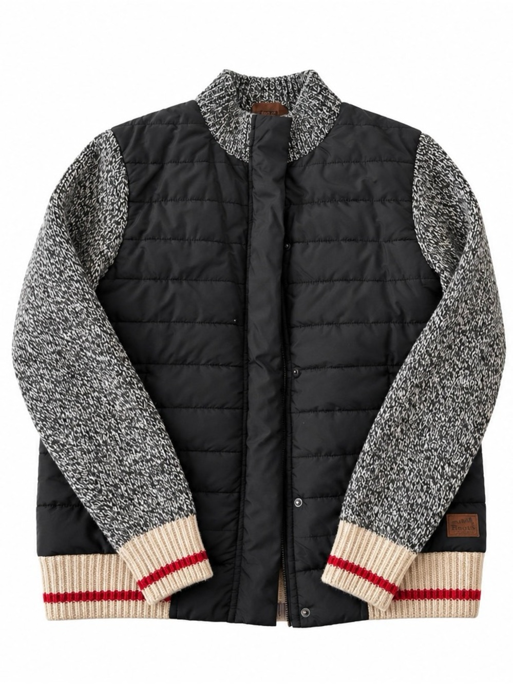 Women’s Roots Quilted Black Puffer Jacket with Marled Knit Sleeves